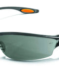 Dead Simple Metal Free Anti Fog Safety Glasses With Heavy Duty Polycarbonate Shields And Ridiculously Comfy Tpr Temples For Big Time Worksite Eye Protection Single Lens Gray showing angular view with gray tint.