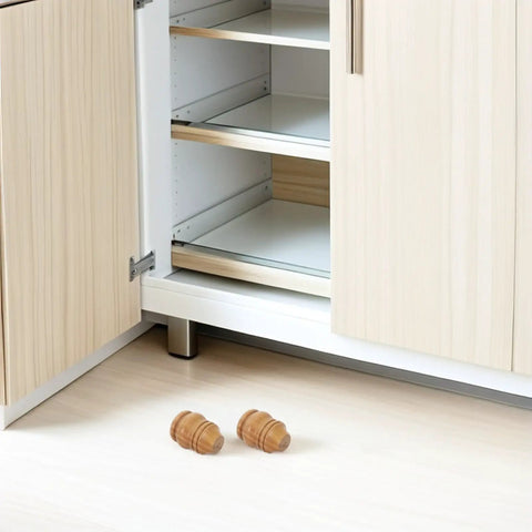 Turned Wood Furniture Legs 4 Pack Gourd Shaped Solid Wood Cabinet And Table Leg Replacements next to an open cabinet