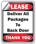 Please Deliver All Packages To Back Door Sign, Red And Black Vinyl, 5x4 Inch Self Adhesive, Indoor Outdoor Use, No Drama Deliveries For Offices Stores Homes And Warehouses, Weather Resistant, 2 Pack red and black vinyl sign with peel corner