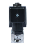 Front view of Quarter Inch High Pressure Solenoid Valve 12V DC Stainless Steel Industrial Valve For Water Gas Oil And Fluids Heat Resistant