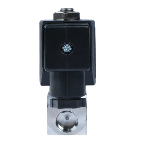 Front view of Quarter Inch High Pressure Solenoid Valve 12V DC Stainless Steel Industrial Valve For Water Gas Oil And Fluids Heat Resistant