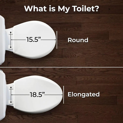 Visual comparison of round and elongated toilet seats, showing measurements for Left Side Elongated Bidet Toilet Seat With Dual Nozzles, T Adapter And Bottle, Adjustable Water Pressure, Slow Close Lid, Easy Installation, No Wiring Needed, Upgrade Your Bathroom To Spa Like Fresh Clean Feel