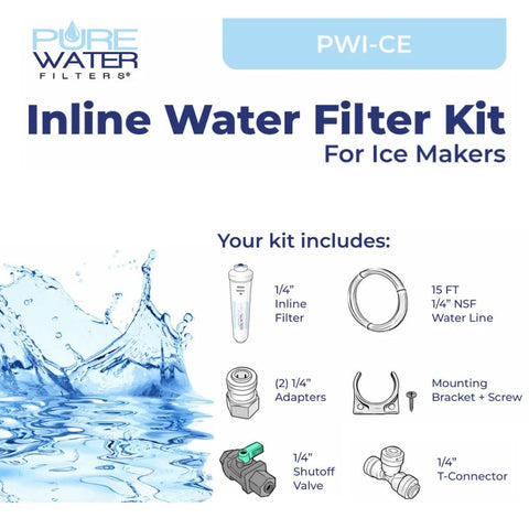 PureWater Inline Water Filter Kit for Ice Makers; includes 1/4-in fittings, adapters, T-connector, shutoff valve, bracket