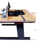 Heavy Duty Benchtop Router Table With Slick Adjustable Fence And Rock Solid Steel Stand Integrated Dust Port For Quick Setup and dimensions visible.