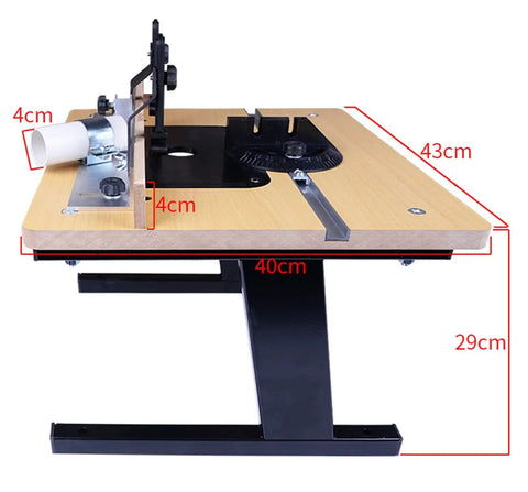 Heavy Duty Benchtop Router Table With Slick Adjustable Fence And Rock Solid Steel Stand Integrated Dust Port For Quick Setup and dimensions visible.
