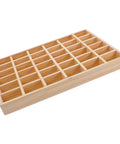 Top Tier Solid Wood Jewelry Tray Organizer Designed To Keep Your Bling Neatly Arranged In 36 Grids For Bracelets Necklaces And Earrings While Traveling Or Stashing On Countertops, side view showing 36 slots.