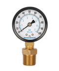Measureman 2-inch brass pressure gauge, front view, 0-100 psi/bar, 1/4 in NPT male, 1/2 in adapter