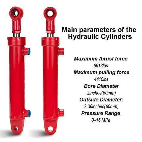 Two red 2x6 Hydraulic Cylinder Double Acting Welded Heavy Duty 3 Ton Unit, shown with specifications for industrial use.