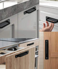Black Barn Door Handle Set Two Pack Aluminum Alloy Punch Free Sliding Handles for cupboards, cabinets, and sliding doors installed.