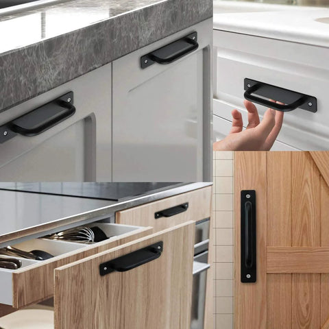 Black Barn Door Handle Set Two Pack Aluminum Alloy Punch Free Sliding Handles for cupboards, cabinets, and sliding doors installed.
