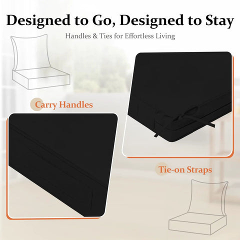 Outdoor Chair Cushions 24x24 Deep Seat Waterproof Fade Resistant Patio Cushions With Handle And Removable Cover For Sofa Couch And Patio Chairs Black Set with handles and straps