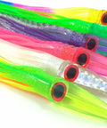 Close-up of vibrant 9 inch zucchini machines included in 36 Inch Spreader Bar For Trolling With Stinger Hookbait and Mesh Lure Bag