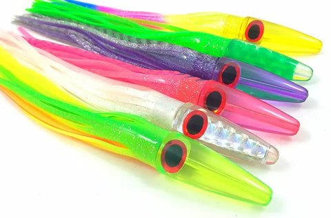 Close-up of vibrant 9 inch zucchini machines included in 36 Inch Spreader Bar For Trolling With Stinger Hookbait and Mesh Lure Bag