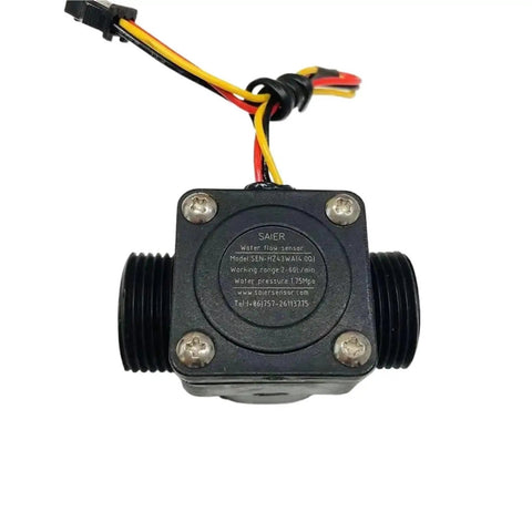 Front view of Compact Nylon Three Quarter Inch DN20 Hall Effect Water Flow Sensor with Liquid Level Switch and wires
