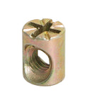 Premium M6 Barrel Nuts and Cross Dowels 30 Piece Set Galvanized Steel Slotted Nuts close-up view of slotted nut for furniture assembly.