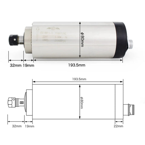 Beefed Up 1.5KW Air Cooled CNC Spindle Motor Kit ER16 80mm Diameter 195mm Length High Speed 24000 RPM 220V VFD Inverter technical drawing