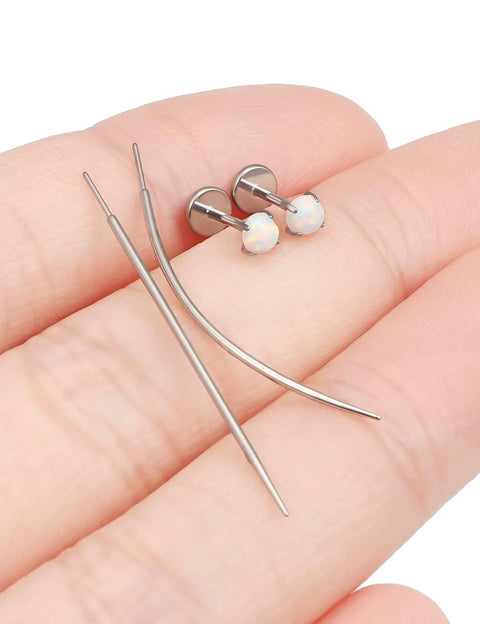 Titanium F136 Medical Grade 20G Threadless Flat Back Opal Stud Earrings Set For Women 6mm Bar With 3mm Gem Includes Taper Insertion Tools
