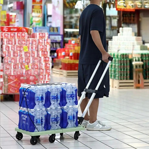 Adjustable Aluminum Folding Dolly With Six Wheels Heavy Duty Portable Hand Truck For Moving Boxes Groceries Luggage And More Includes Elastic Straps For Easy Transport And Rock Solid Stability, green folded dolly carrying bottled water