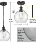 Farmhouse Black Globe Pendant Light With Hand Blown Seeded Glass And Easy Access Open Bottom 8 Inch Globe Adjustable Height details
