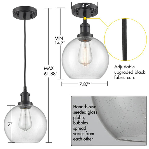 Farmhouse Black Globe Pendant Light With Hand Blown Seeded Glass And Easy Access Open Bottom 8 Inch Globe Adjustable Height details