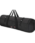 Black oversized travel duffel with upgraded zipper, waterproof and tough 125L capacity for camping and outdoor gear, side view.