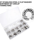 All In One Stainless Steel Retaining Ring Kit 1.5 To 15 Mm E Shaped Circlip Set With Pliers Heavy Duty Corrosion And Oil Resistant Metal Clips Assortment For Multiple Models And Quick Easy Install. stainless steel E clip assortment in organizer box