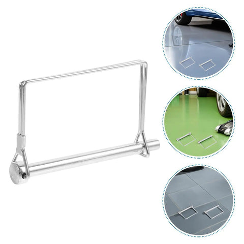 Six Pack 4 Inch Heavy Duty Stainless Steel Wire Lock Hitch Pin in silver for trailer coupler, shown in multiple use scenarios.