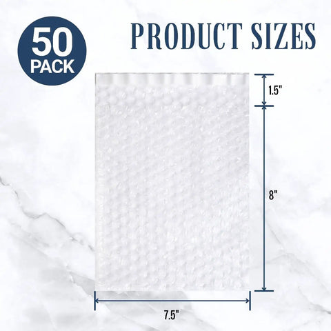 Self Seal Bubble Pouches 7.5x8 Inch 50 Pack Cushioning Bags For Moving And Shipping Fragile Items dimensions shown