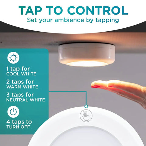 Wireless LED Puck Light With Remote Control For Under Cabinet Closet And Counter Lighting Battery Powered No Fuss Mounting With Adhesive Or Screws Dimmable Brightness Easy Install Pack Of 1 shown being tapped to control light settings