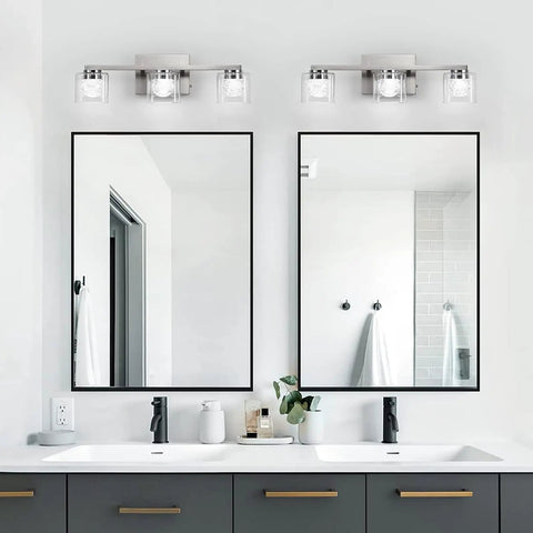 Three Light Dimmable Modern Vanity Light Fixture In Brushed Nickel With Globe Crystal Glass Over Mirror LED Bath Lighting
