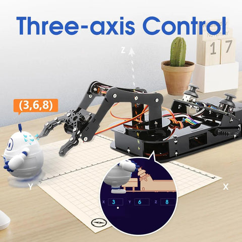 ACEBOTT 4-DOF ESP32 robotic arm kit, front view, black metal frame with wiring on desk