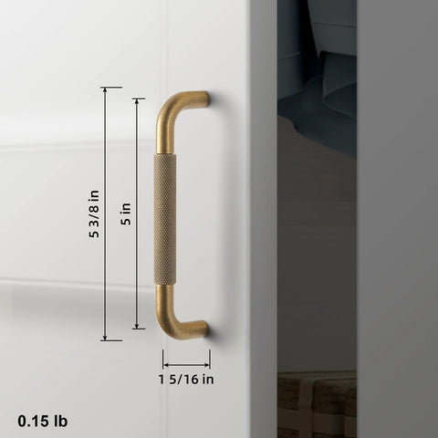 Six Pack 5 Inch Champagne Bronze Knurled Cabinet Pulls With Crosshatch Knurling For Kitchen Drawers And Cabinets installed on door