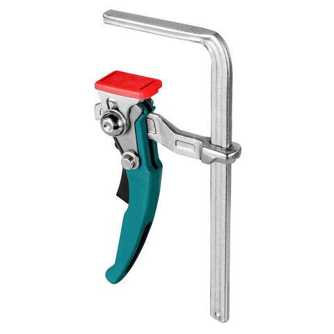 Badass Quick Release Track Saw Clamp Pair Featuring Ratchet Guide Rail Adapter For Mft Tables To Lock Workpieces Dead Tight For Precision Cuts And No Sweat Setup Today, chrome vanadium steel clamp with red lever.