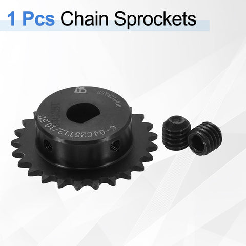 25-Tooth Chain Sprocket For ISO 04C Chain, 1/4 Inch Pitch, D-Shape Hole, 12x10.5mm, C45 Carbon Steel With Black Oxide Finish, ANSI 25 Roller Sprocket, Round Hole, Includes Set Screws, Heavy Duty Rust Resistant