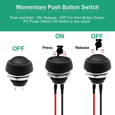 12mm Momentary Push Button Switch On Off Mini Round Waterproof Black With Pre Soldered Wires demonstration