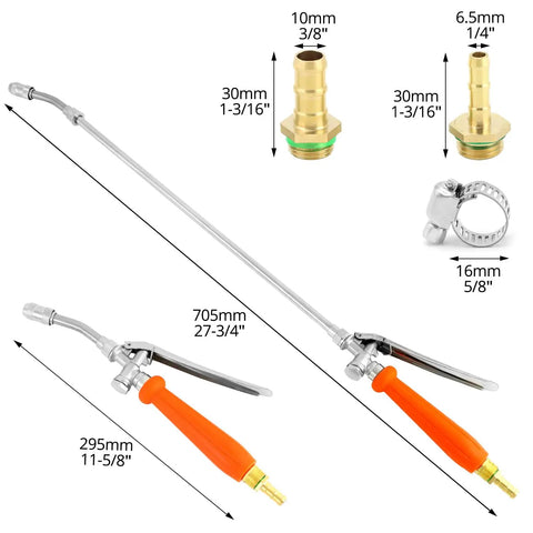 Diagram of Beefy All Metal Replacement Sprayer Wand Kit 29 Inch With Adjustable Nozzle Brass Barbs For Hoses, showing dimensions and components.