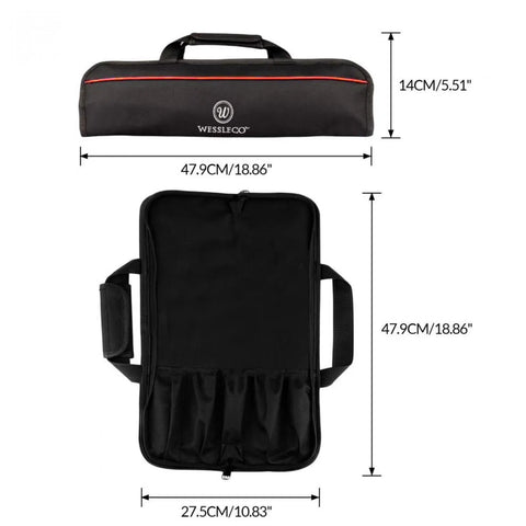 Black roll up knife bag case with zippered pouch for secure knife transport camping kitchen gear, dimensions 47.9cm x 27.5cm.