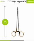 Front view of TC Mayo Hegar Needle Holder and Suture Driver with tungsten carbide inserts and gold ring handles, 7 inches