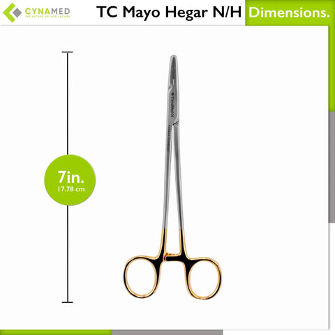 Front view of TC Mayo Hegar Needle Holder and Suture Driver with tungsten carbide inserts and gold ring handles, 7 inches