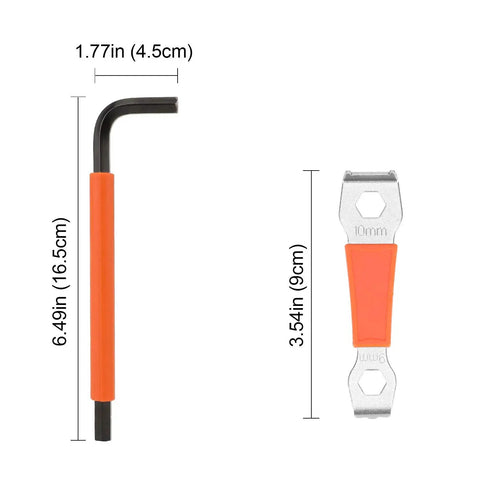 Bike Crank Puller Tool Set With 16mm And 15mm Wrenches, L-shaped hex tool and dual-head orange grip wrench with dimensions