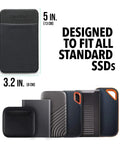 On The Go Portable SSD Sleeve For Laptop with secure adhesive showing size and fit for all standard SSDs.