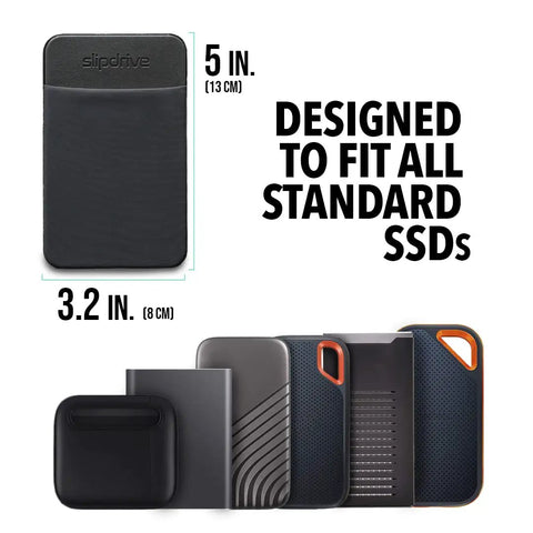 On The Go Portable SSD Sleeve For Laptop with secure adhesive showing size and fit for all standard SSDs.