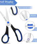 Six Pack Eight Inch Scissors With Sharp Stainless Steel Blades And Comfort Grip For Everyday Use Heavy Duty All Purpose Craft Scissors For Paper Cardstock Fabric Photos Ribbon Foam Cardboard, black and blue handle detail display