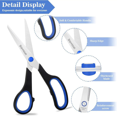 Six Pack Eight Inch Scissors With Sharp Stainless Steel Blades And Comfort Grip For Everyday Use Heavy Duty All Purpose Craft Scissors For Paper Cardstock Fabric Photos Ribbon Foam Cardboard, black and blue handle detail display