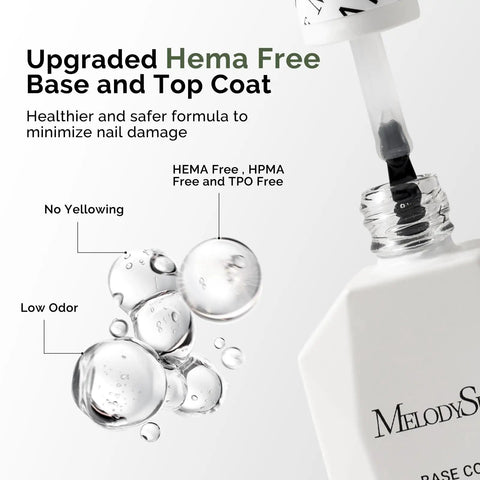 Close-up of HEMA Free Gel Polish Base Coat And Top Coat Set bottle with droplet highlights, showing no yellowing and low odor.