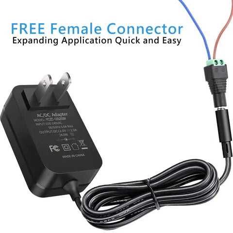 12V 2A Power Supply Adapter For LED Strips CCTV Cameras External HDD Monitors And More with free female connector, plug, cord