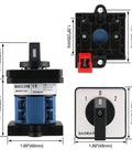 Front view of Heavy Duty 20A 660V 2 Pole Changeover Switch with 3 Position Rotary Selector for Motor Reversing and Generator Dual Section Eight Terminal Layout 35mm DIN Rail Mount SZW26 20 D2022 B11R.