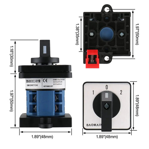 Front view of Heavy Duty 20A 660V 2 Pole Changeover Switch with 3 Position Rotary Selector for Motor Reversing and Generator Dual Section Eight Terminal Layout 35mm DIN Rail Mount SZW26 20 D2022 B11R.