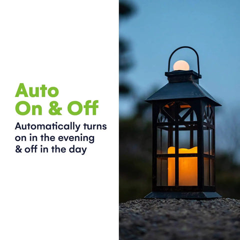 Solar Lantern Outdoor Waterproof Hanging Light For Garden Patio And Porch With Flickering LED Flames shown at dusk