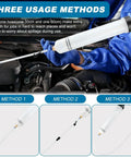 Grease Monkey Ready Manual Fluid Extractor Pump With Three Extension Hoses For Brake Fluid Swap And Gear Oil Transfer showing usage methods.